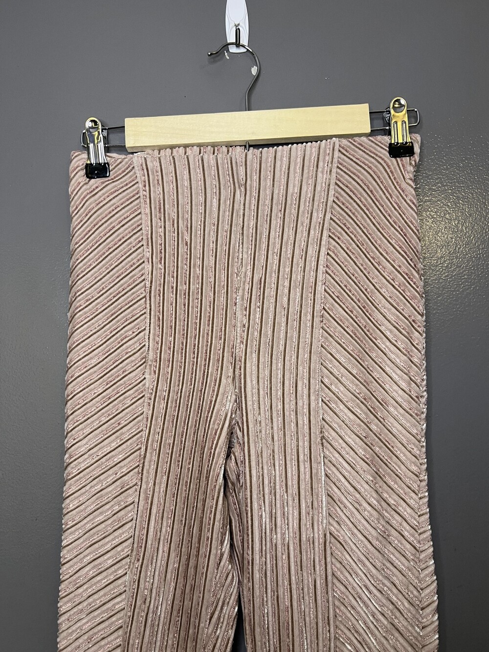 Free People Pants Womens XS Beige Velour Wide Leg Pleated Striped Elastic Waist